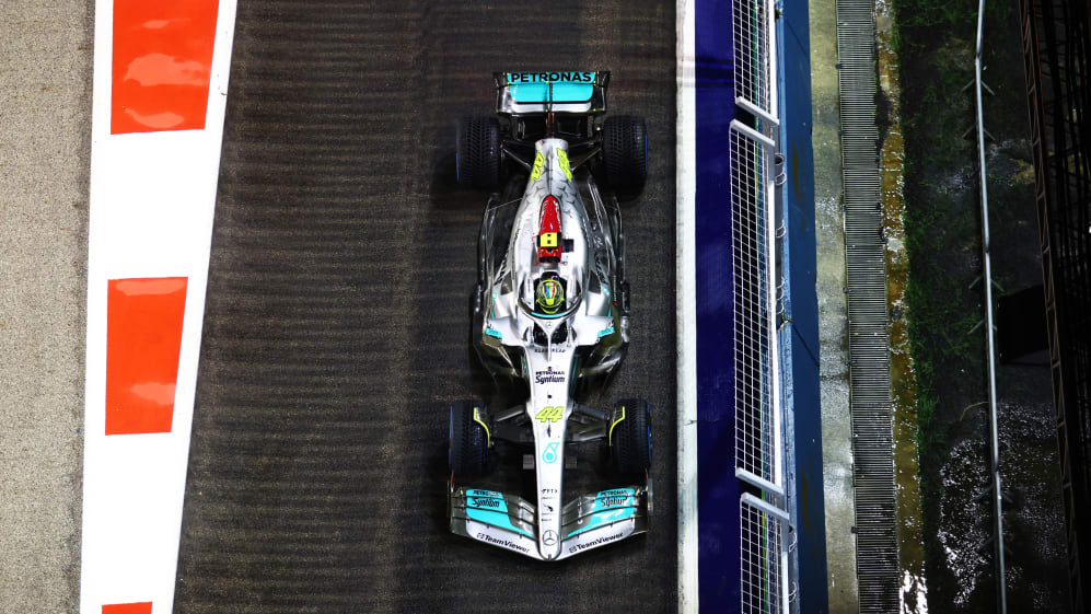 SINGAPORE, SINGAPORE - OCTOBER 02: Lewis Hamilton of Great Britain driving the (44) Mercedes AMG