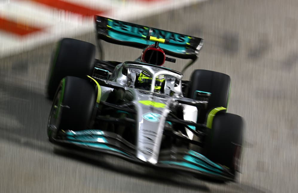 SINGAPORE, SINGAPORE - OCTOBER 02: Lewis Hamilton of Great Britain driving the (44) Mercedes AMG