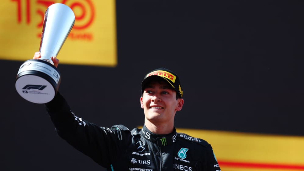 BARCELONA, SPAIN - MAY 22: Third placed George Russell of Great Britain and Mercedes celebrates on