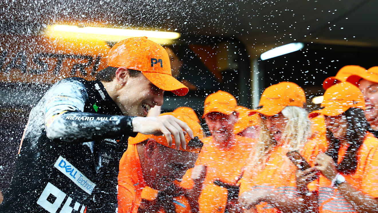 BAKU, AZERBAIJAN - SEPTEMBER 15: Race winner Oscar Piastri of Australia and McLaren celebrates with