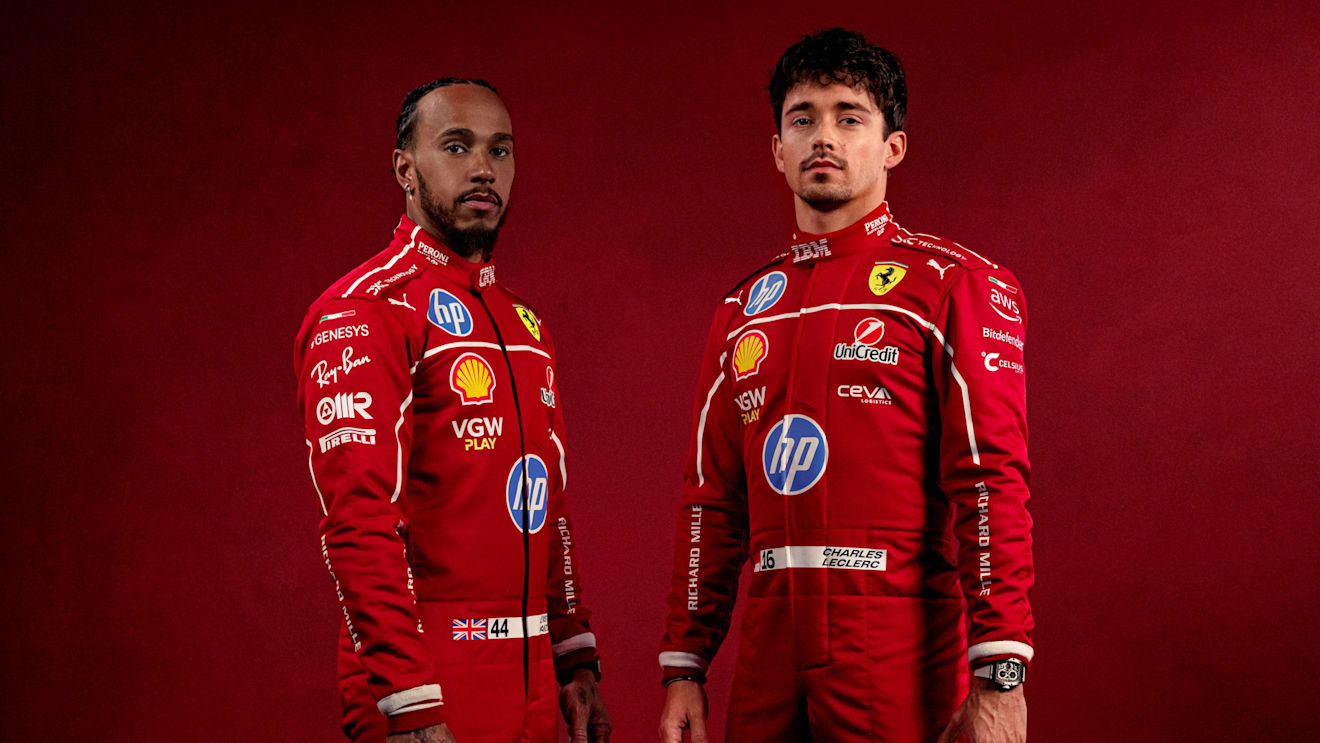 New team mates Hamilton and Leclerc combine to reveal Ferrari’s 2025 race suits