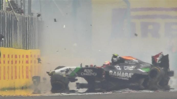 The safety car is out again on lap 23 as Force India's Sergio Perez has a big crash exiting Turn 14; Red Bull's Daniel Ricciardo and Williams' Felipe Massa both elect to pit from the front, handing the lead to Ferrari's Fernando Alonso © FOWC Ltd. No reproduction without permission.