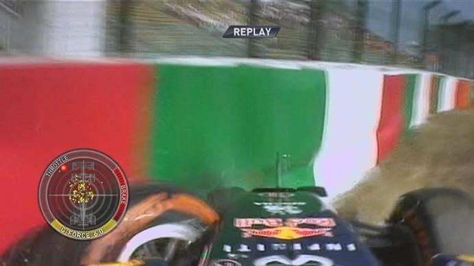 Daniel Ricciardo loses the rear end of his Red Bull RB10 exiting the final corner, slamming into the barriers and bringing out the red flags© FOWC Ltd