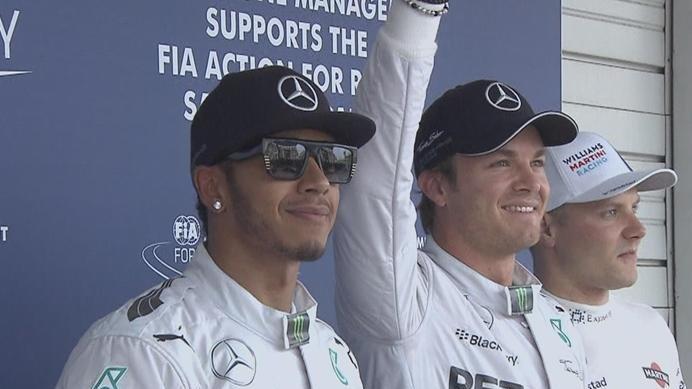 Williams' Valtteri Bottas (right) ends qualifying in third, the nearest challenger to Mercedes duo Nico Rosberg (centre, on pole) and Lewis Hamilton (left)© FOWC Ltd