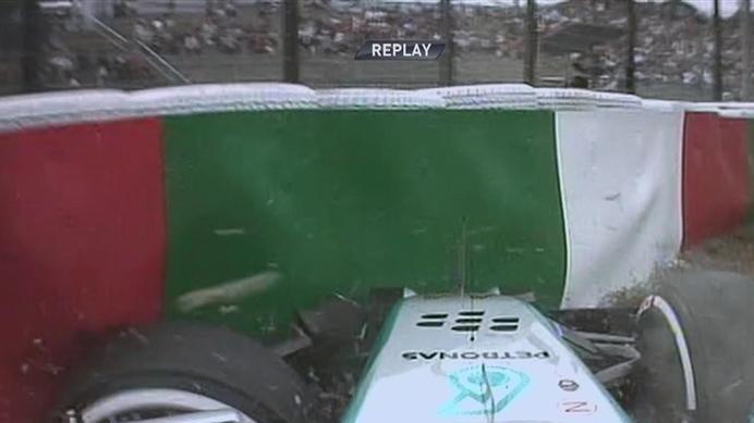 Mercedes' Lewis Hamilton goes off at Turn 1, skipping across the gravel trap and hitting the barriers © FOWC Ltd