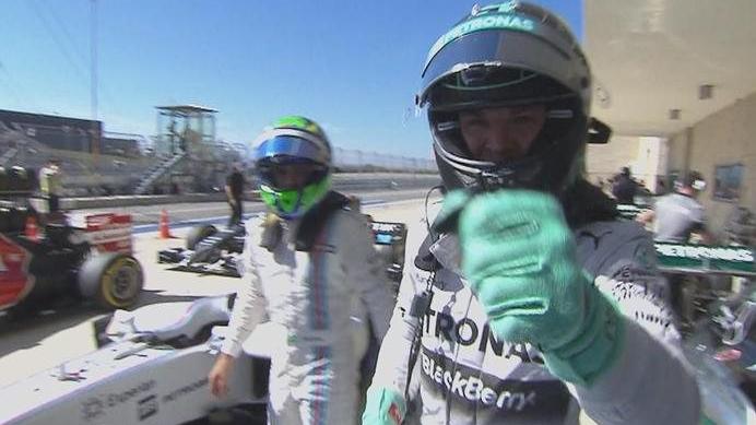 Nico Rosberg celebrates claiming pole position in Austin, ahead of his Mercedes team mate and title rival Lewis Hamilton © FOWC Ltd. No reproduction without permission.