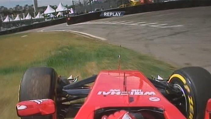 Kimi Raikkonen pays the price for putting a wheel on the grass approaching Turn 12, running straight on and down the grass banking © FOWC Ltd. No reproduction without permission.