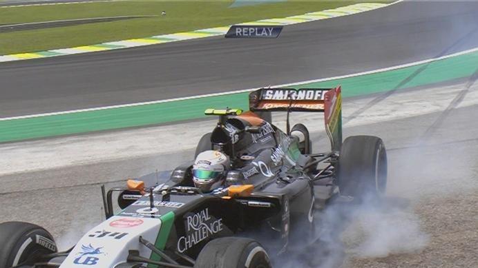 Force India's Daniel Juncadella locks up and slides into the tyre wall at Turn 8, bringing out the red flags © FOWC Ltd. No reproduction without permission.