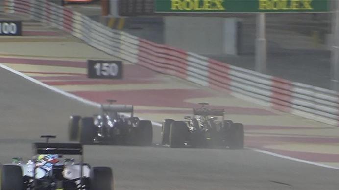 This incident between Sauber's Adrian Sutil and the Lotus of Romain Grosjean will be investigated by the stewards. Sutil joins Lotus's Pastor Maldonado, Caterham pair Kamui Kobayashi and Marcus Ericsson and the Marussias of Jules Bianchi and Max Chilton in the drop zone. © FOWC Ltd