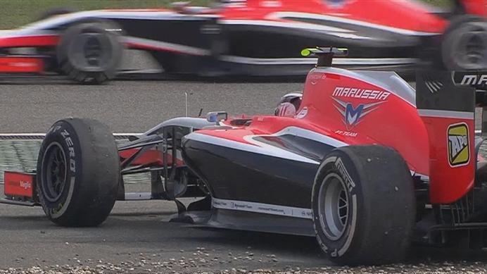 Max Chilton spins off the track and is passed by his Marussia team mate Jules Bianchi. © FOWC Ltd