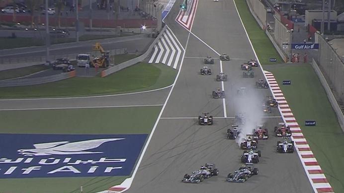 The mad dash down to the first corner. Lewis Hamilton gets a better launch off the line than pole-sitting Mercedes team mate Nico Rosberg and takes the lead. © FOWC Ltd