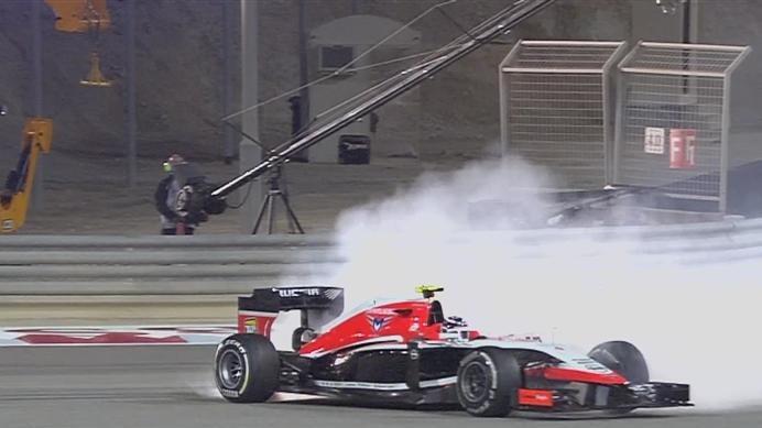 Max Chilton's Marussia is thrown into a dramatic spin at Turn 4 following a suspected mechanical failure. © FOWC Ltd