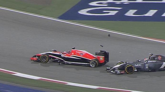 Adrian Sutil's Sauber is forced to retire after this collision with Jules Bianchi's Marussia. Stewards will investigate the incident. © FOWC Ltd