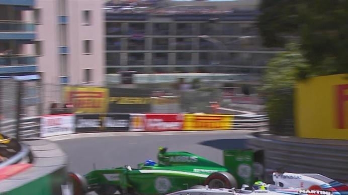 Caterham's Marcus Ericsson collides with the Williams of Felipe Massa at Mirabeau, bringing out yellow flags at the end of Q1. © FOWC Ltd