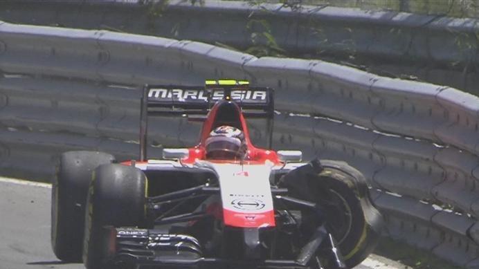 Further down the track at Turn 5, Max Chilton's stricken Marussia comes to a standstill. Recovering the cars and debris means the safety car makes an early appearance. © FOWC Ltd