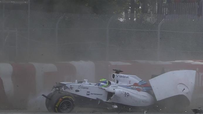 Felipe Massa's Williams hits the tyre wall at Turn 1 at high speed, bringing out the safety car for the final lap. © FOWC Ltd