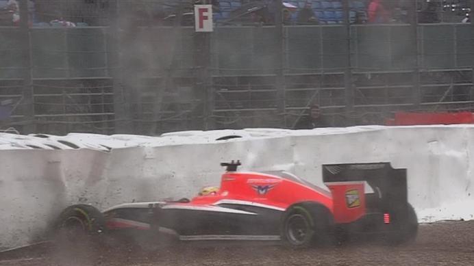The weather claims another victim. This time it's the Marussia of Jules Bianchi that leaves the track and slides into the tyre wall. © FOWC Ltd