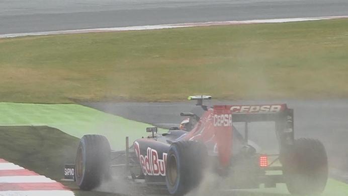 During a brief time as the only car on track Danii Kvyat's Toro Rosso runs wide. © FOWC Ltd