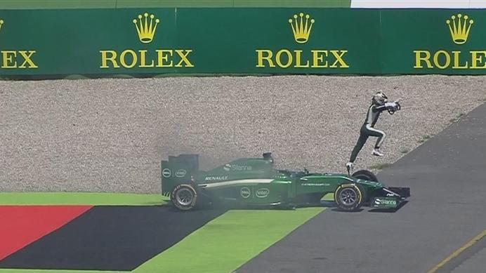 More bad news for Caterham as the rear of Kamui Kobayashi's car catches fire. The Japanese driver parks up and leaps clear. © FOWC Ltd