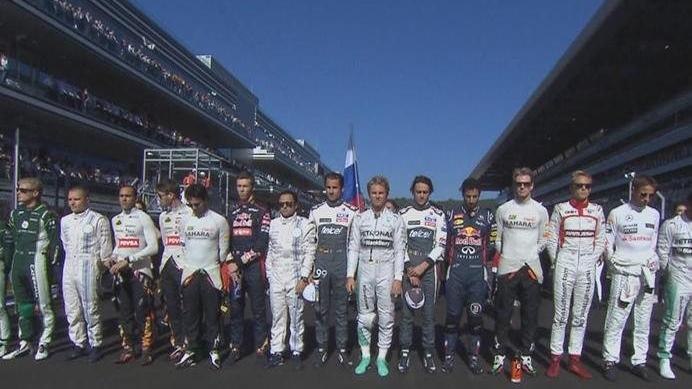 The drivers unite to pay tribute to the injured Jules Bianchi ahead of the 2014 Formula 1 Russian Grand Prix. © FOWC Ltd