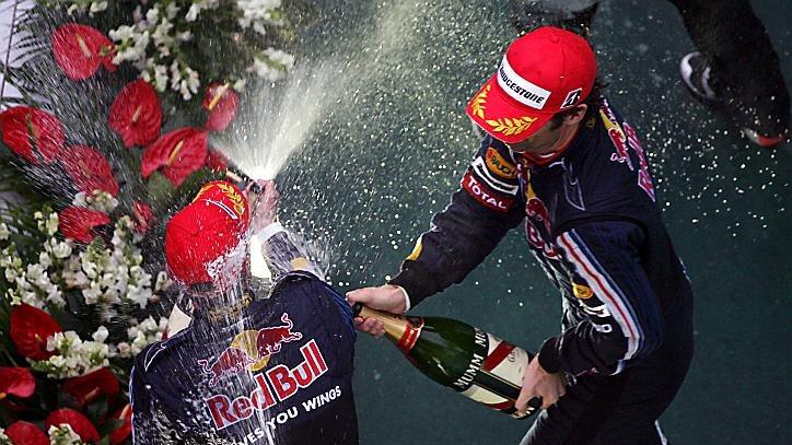 Mark Webber (AUS) Red Bull Racing and Sebastian Vettel (GER) Red Bull Racing on the podium. Formula One World Championship, Rd 3, Chinese Grand Prix, Race Day, Shanghai, China, Sunday, 19 April 2009