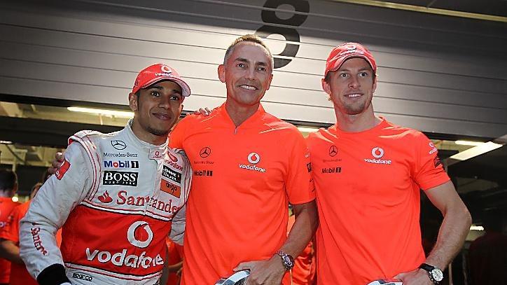 Race winner Jenson Button (GBR) McLaren and 2nd placed Lewis Hamilton (GBR) McLaren celebrate with Martin Whitmarsh (GBR) McLaren Chief Executive Officer Formula One World Championship, Rd 4, Chinese Grand Prix, Race, Shanghai, China, Sunday, 18 April 2010