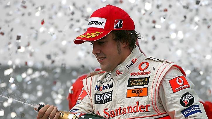 Fernando Alonso (ESP) McLaren Mercedes celebrates on the podium Formula One World Championship, Rd17, Brazilian Grand Prix, Race Day, Interlagos, Sao Paulo, Brazil, Sunday, 21 October 2007. © Sutton Images