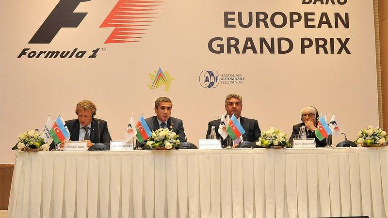 (L to R) Circuit designer Hermann Tilke; Anar Alakbarov, Executive Director of the Heydar Aliyev Foundation and the president of Azerbaijan Automobile Federation; Azad Rahimov, Azerbaijan's Minister of Youth and Sport; and Formula One group CEO Bernie Ecclestone. Unveiling of the Baku European Grand Prix street circuit at a special press event in Baku, Azerbaijan, October 7, 2014 © Baku Grand Prix
