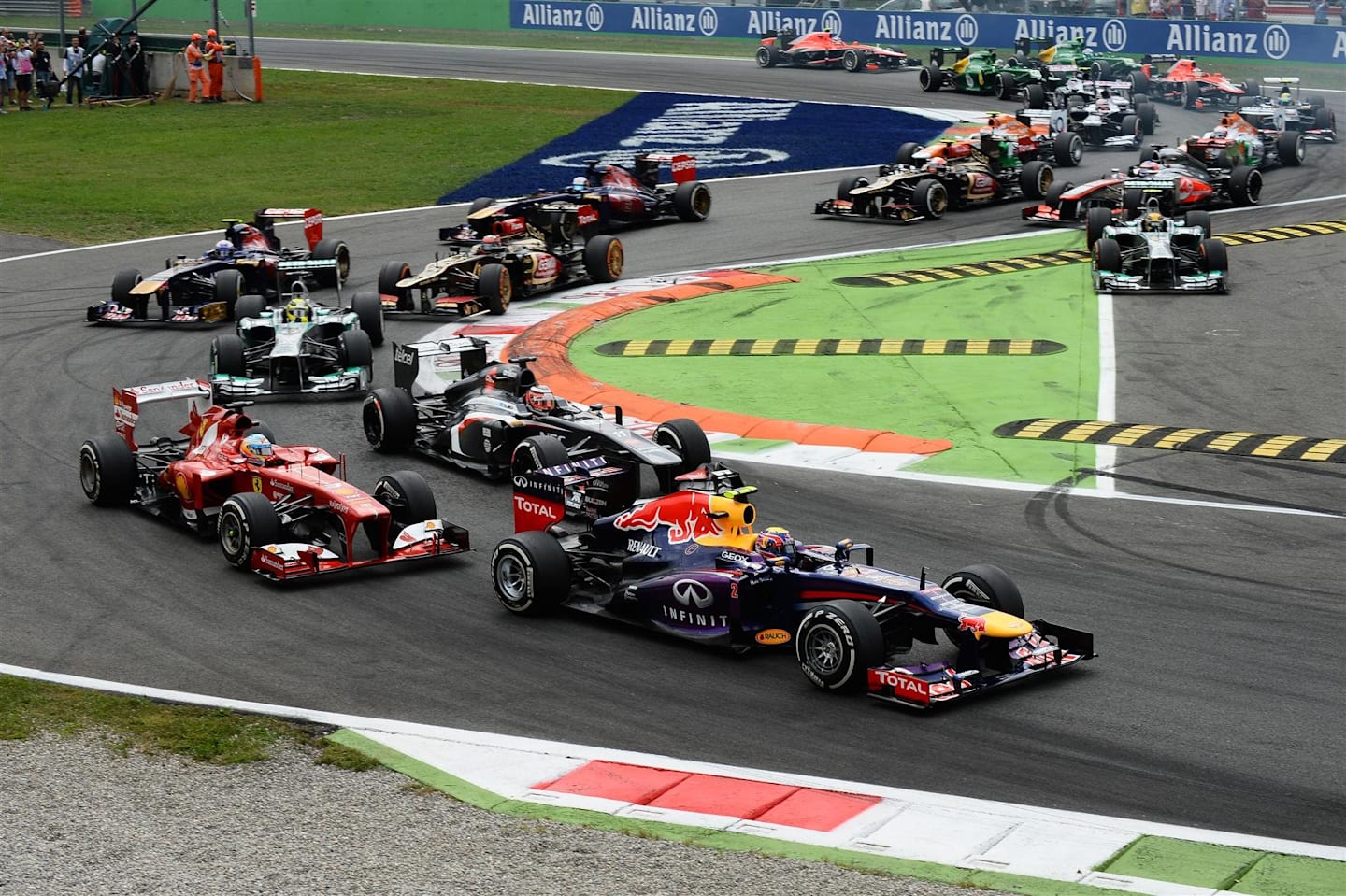 Mark Webber (AUS) Red Bull Racing RB9 leads Felipe Massa (BRA) Ferrari F138 and Nico Hulkenberg (GER) Sauber C32 at the start of the race. Formula One World Championship, Rd12, Italian Grand Prix, Race, Monza, Italy, Sunday, 8 September 2013 © Sutton Images. No reproduction without permission