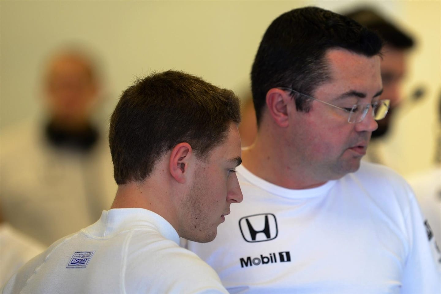 Stoffel Vandoorne (BEL) McLaren and Eric Boullier (FRA) McLaren Racing Director. Formula One Testing, Yas Marina Circuit, Abu Dhabi, UAE, Tuesday, 25 November 2014 © Sutton Images. No reproduction without permission