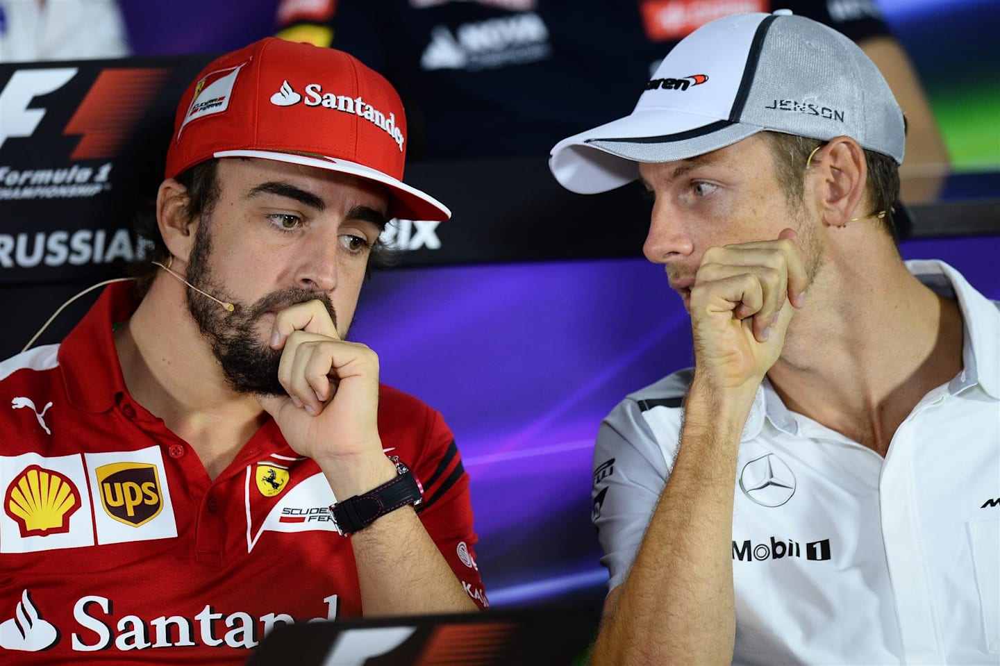 (L to R): Fernando Alonso (ESP) Ferrari and Jenson Button (GBR) McLaren in the Press Conference. Formula One World Championship, Rd16, Russian Grand Prix, Preparations, Sochi Autodrom, Sochi, Krasnodar Krai, Russia, Thursday, 9 October 2014. © Sutton Images