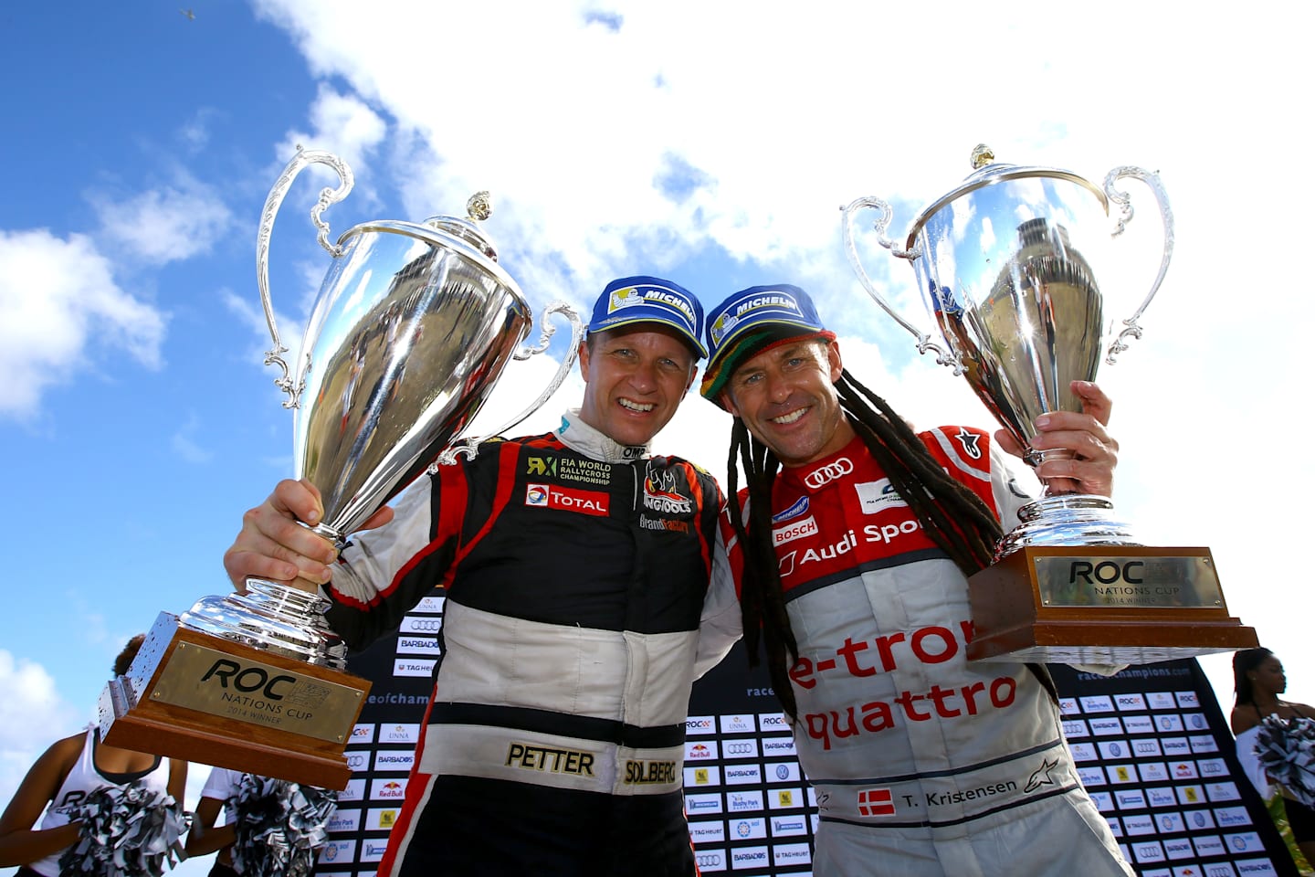 Petter Solberg and Tom Kristensen celebrate their Team Nordic victory in the Nations Cup. Race of Champions, Bushy Park circuit, Barbados, 13-14 December 2014. © Race of Champions