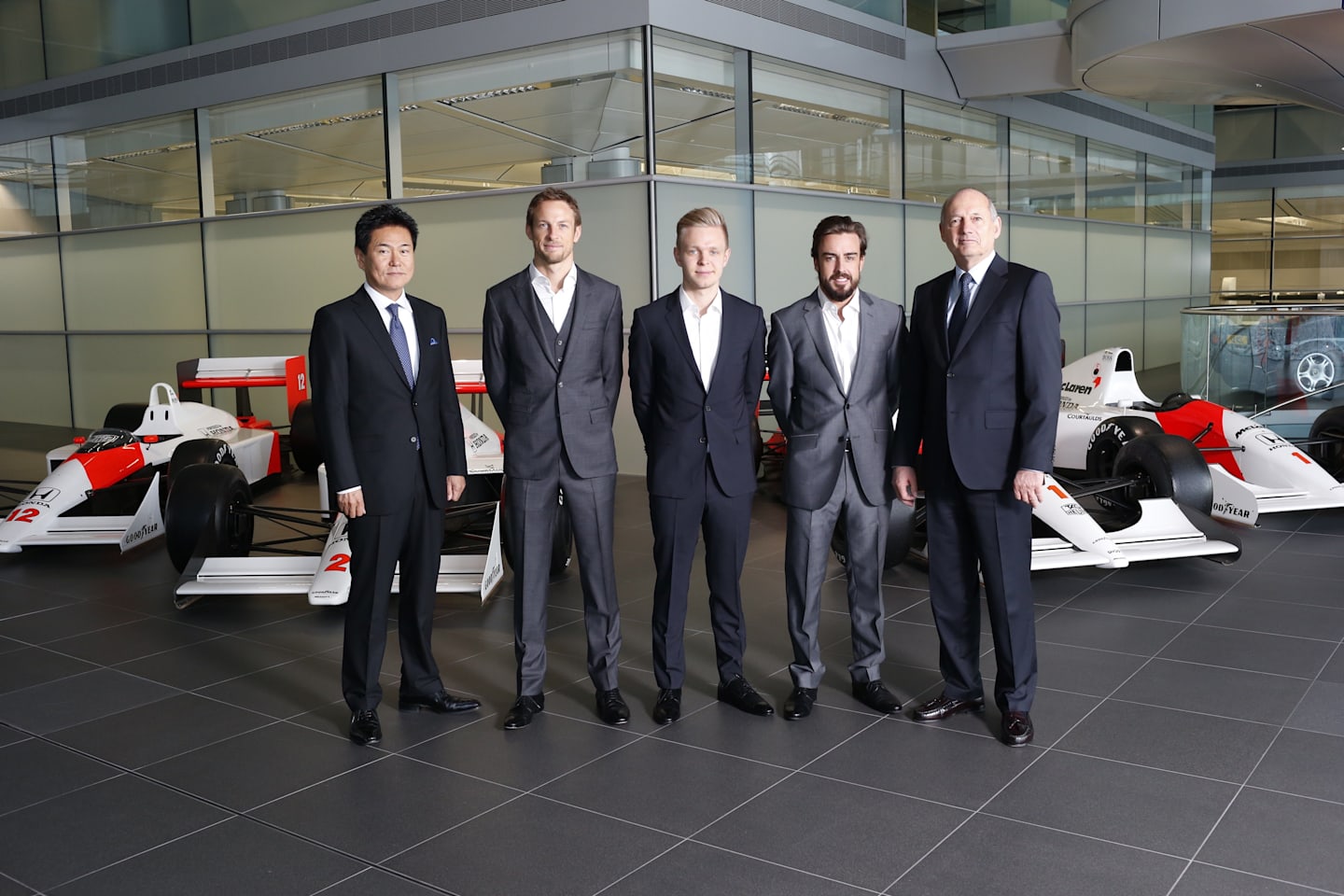 McLaren announce their 2015 driver line-up, Woking, UK, December 11, 2014: (L to R) Yasuhisa Arai (Senior Managing Officer, Honda R&D Co Ltd; Chief Officer of Motorsport, Honda), Jenson Button, Kevin Magnussen, Fernando Alonso, Ron Dennis (Chairman & Chief Executive Officer, McLaren). © McLaren