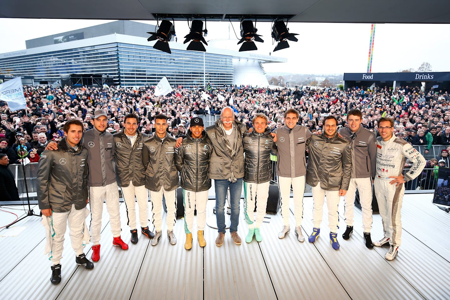 Mercedes-Benz, Stars & Cars. 29 November 2014. Daniel Juncadella, Christian Vietoris, Robert Wickens, Pascal Wehrlein, Lewis Hamilton, Dr. Dieter Zetsche, Nico Rosberg, Vitaly Petrov, Gary Paffett, Paul di Resta, Maximilian Götz. © Mercedes-Benz