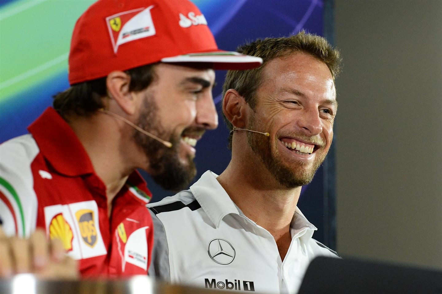 Fernando Alonso (ESP) Ferrari and Jenson Button (GBR) McLaren in the Press Conference. Formula One World Championship, Rd19, Abu Dhabi Grand Prix, Preparations, Yas Marina Circuit, Abu Dhabi, UAE, Thursday, 20 November 2014 © Sutton Images. No reproduction without permission