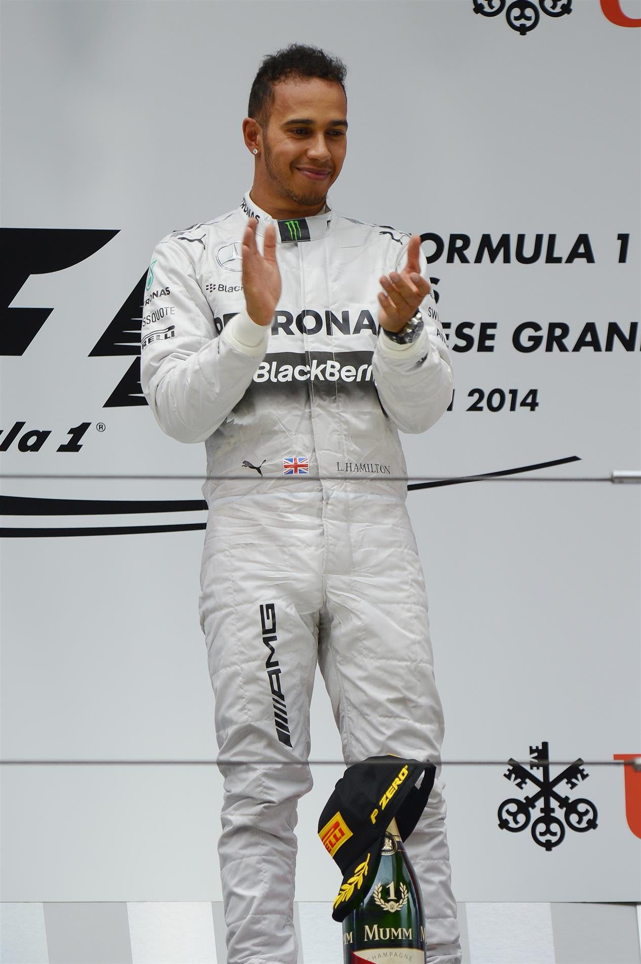 Race winner Lewis Hamilton (GBR) Mercedes AMG F1 on the podium. Formula One World Championship, Rd4, Chinese Grand Prix, Race, Shanghai, China, Sunday, 20 April 2014