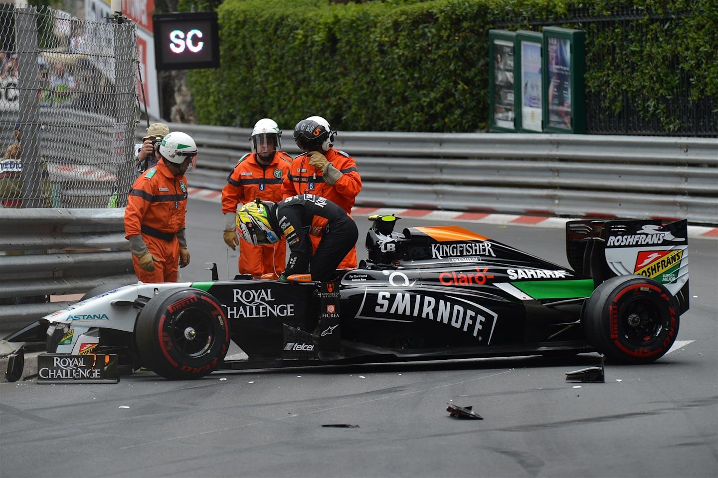 Sergio Perez (MEX) Force India VJM07 crashed on lap one. Formula One World Championship, Rd6, Monaco Grand Prix, Race, Monte-Carlo, Monaco, Sunday, 25 May 2014