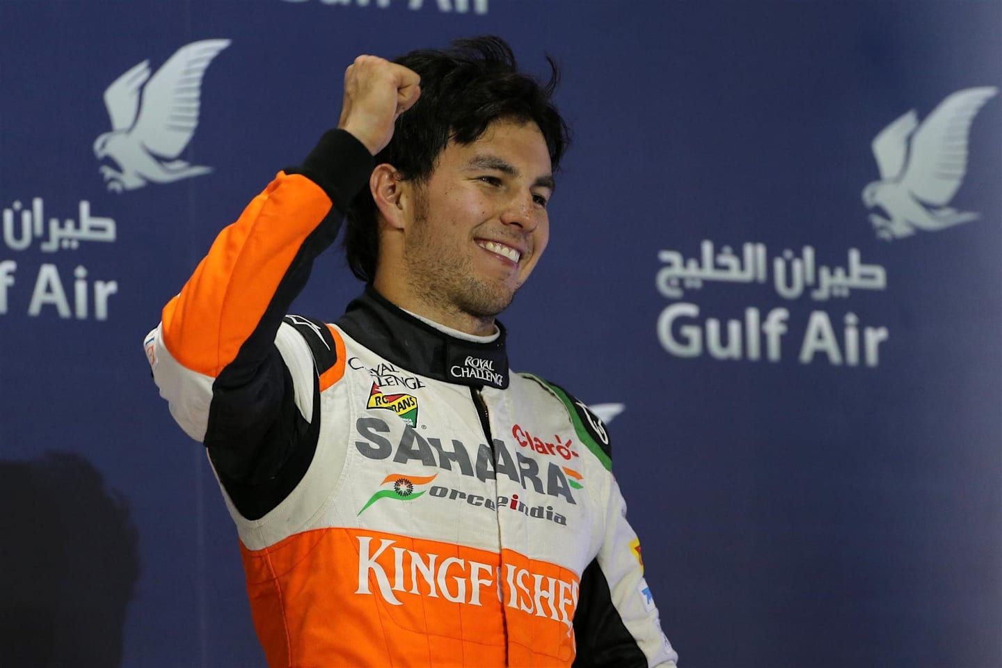 Sergio Perez (MEX) Force India celebrates on the podium. Formula One World Championship, Rd3, Bahrain Grand Prix, Race, Bahrain International Circuit, Sakhir, Bahrain, Sunday, 6 April 2014