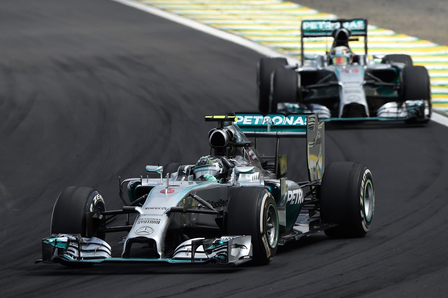 Nico Rosberg (GER) Mercedes AMG F1 W05 leads Lewis Hamilton (GBR) Mercedes AMG F1 W05. Formula One World Championship, Rd18, Brazilian Grand Prix, Race, Sao Paulo, Brazil, Sunday, 9 November 2014