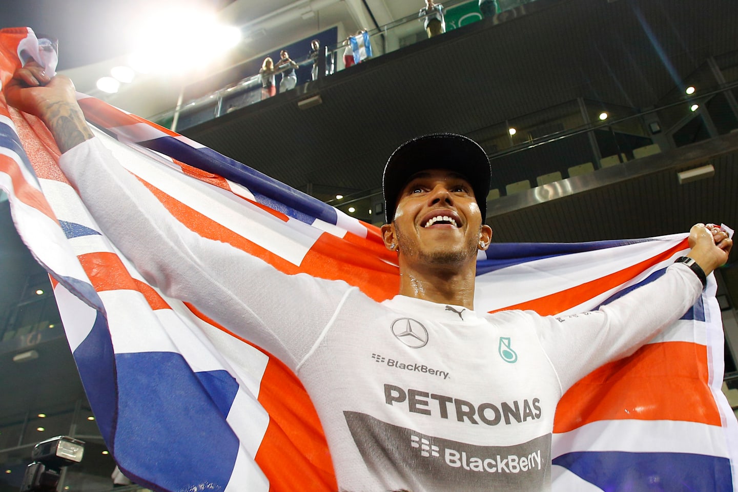 Lewis Hamilton (GBR) Mercedes AMG F1 celebrates.
Formula One World Championship, Rd19, Abu Dhabi Grand Prix, Race, Yas Marina Circuit, Abu Dhabi, UAE, Sunday 23 November 2014.