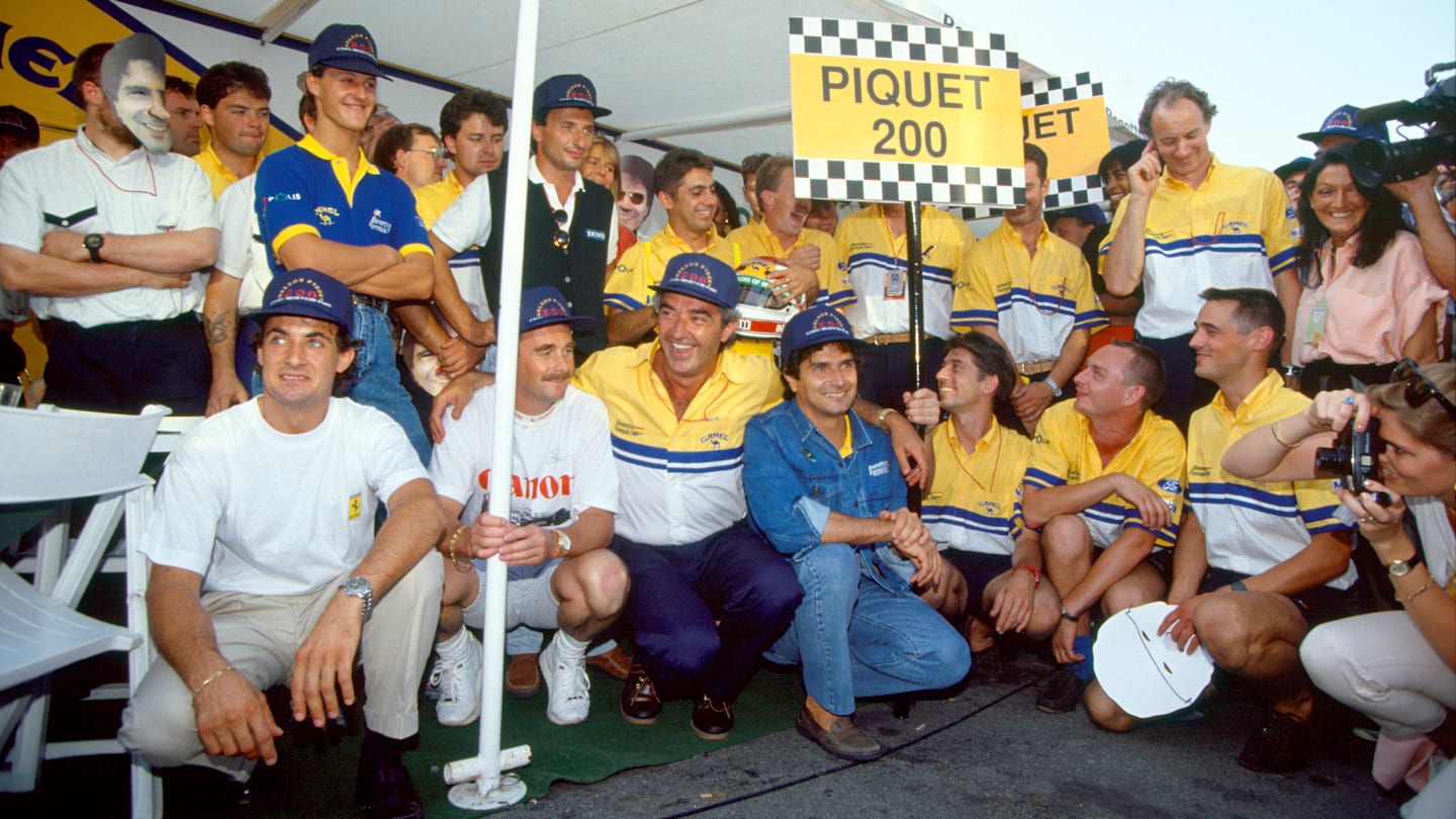 Monza, Italy. 6-8 September 1991. Nelson Piquet (Benetton Ford) celebrates his 200th Grand Prix