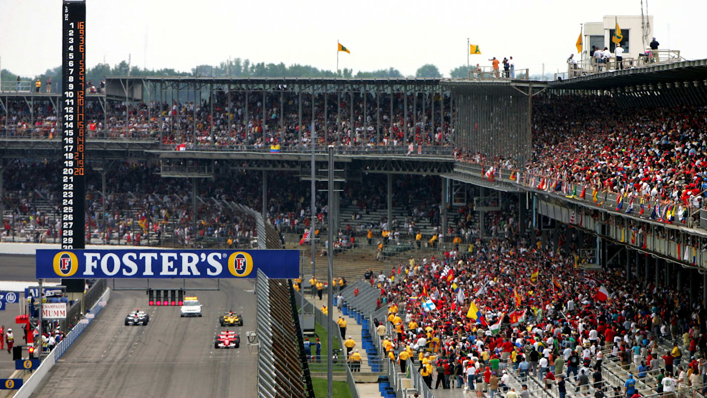The six Bridgestone runners line up on the grid at the start of the race. Formula One World