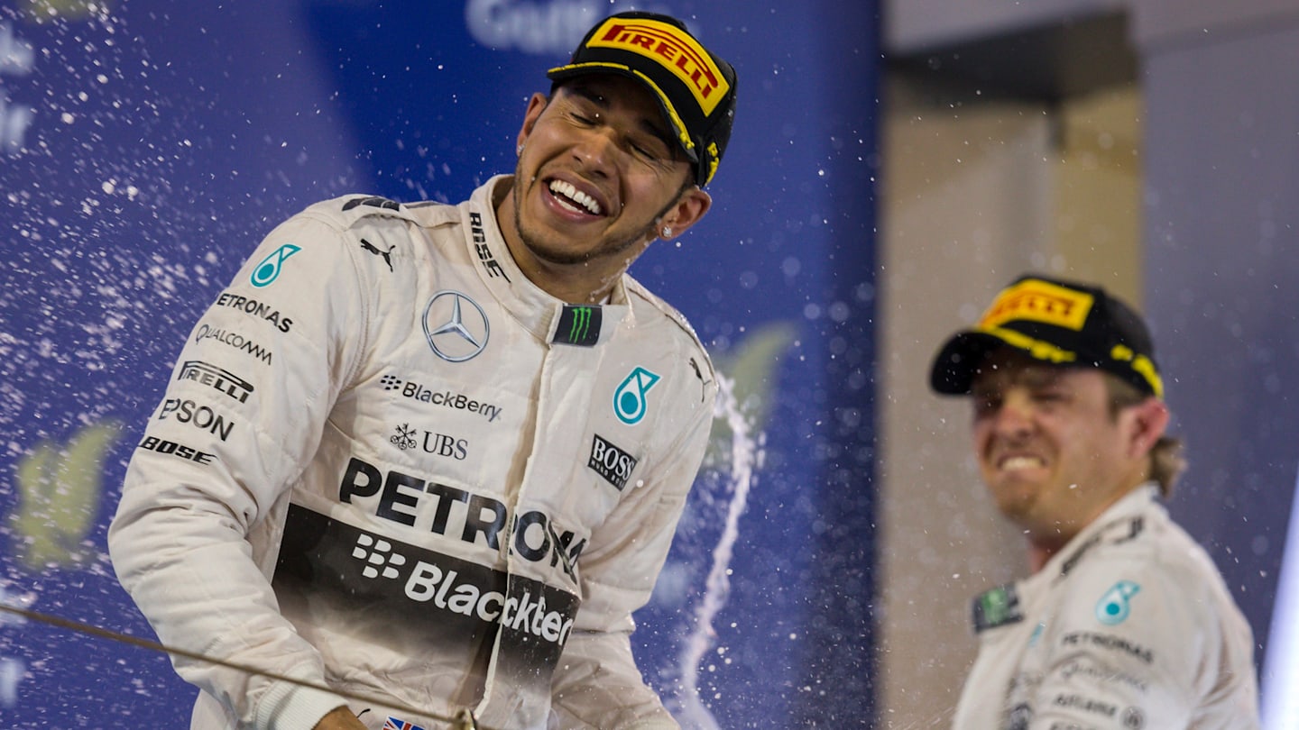 Lewis Hamilton (GBR) Mercedes AMG F1 and Nico Rosberg (GER) Mercedes AMG F1 celebrates  on the