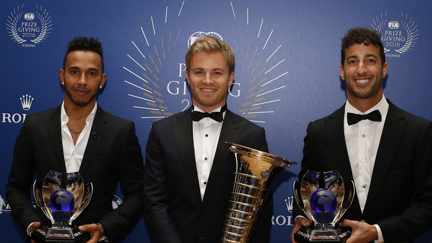 (L to R) Mercedes' Lewis Hamilton and Nico Rosberg, and Red Bull Racing's Daniel Ricciardo, 2016 FIA Prize Giving, Vienna, Austria, December 2nd 2016 © FIA