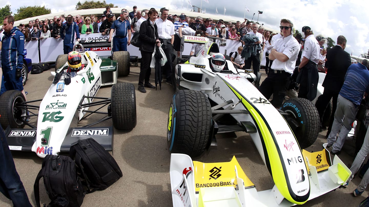 Karun Chandhok (IND) Williams FW08 1983 and Martin Brundle (GBR) Brawn BGP001 2009 at Goodwood Festival of Speed, Goodwood, England, 24-26 June 2016. © Sutton Images