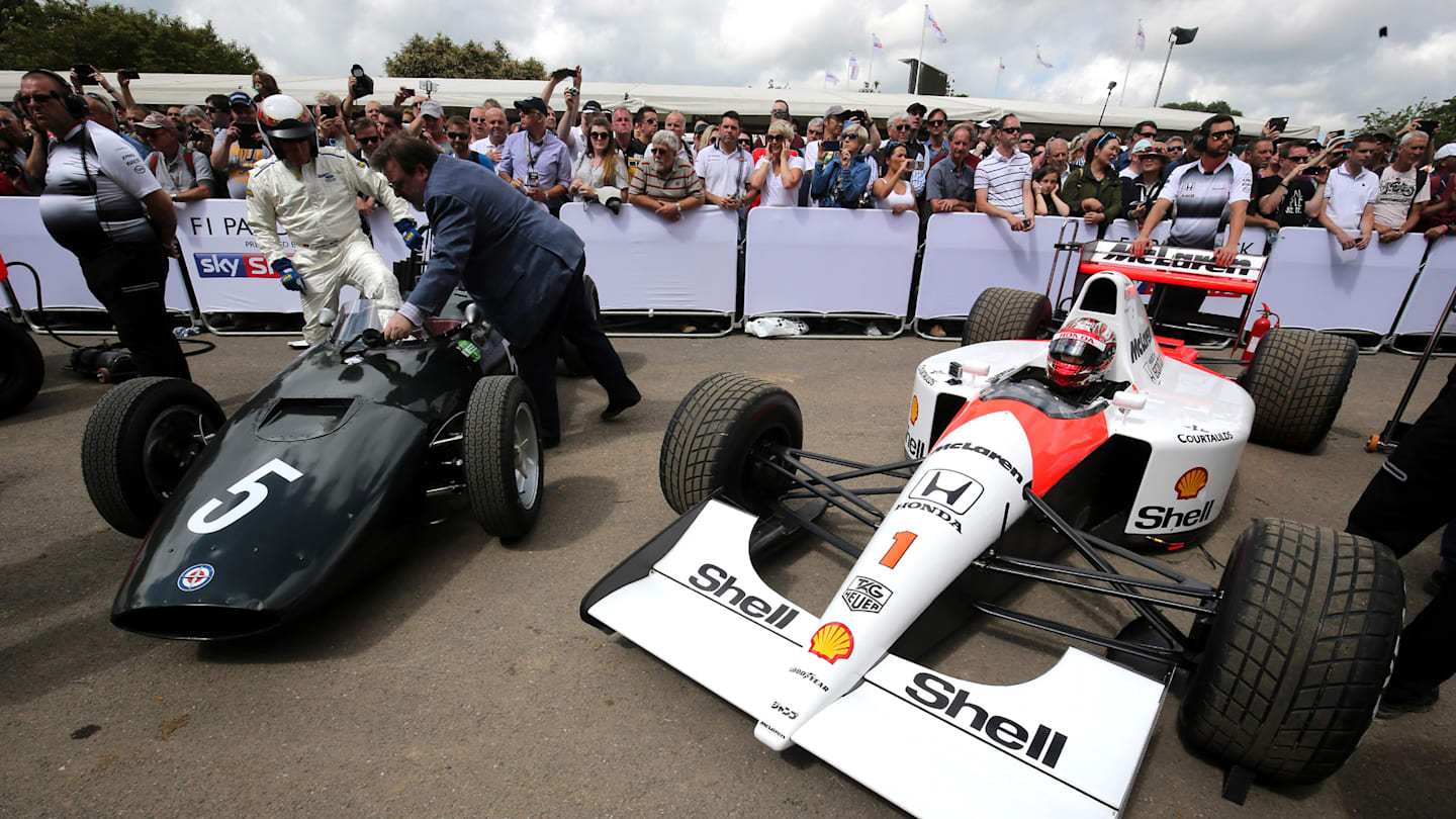 Jackie Stewart (GBR) and Nobuharu Matsushita (JAP) McLaren MP4/6 Honda at Goodwood Festival of Speed, Goodwood, England, 24-26 June 2016. © Sutton Images