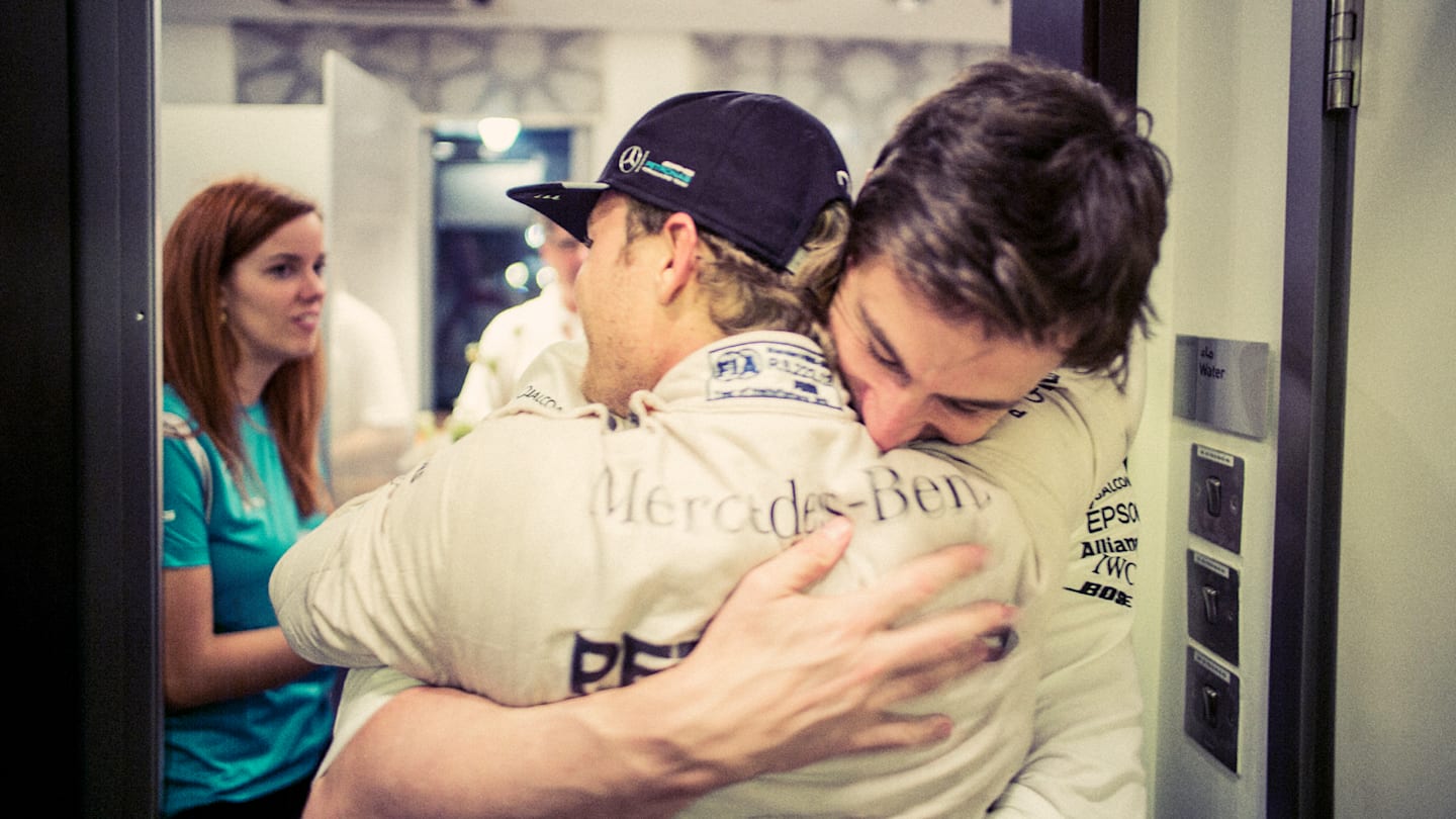 An embrace with Toto Wolff, Head of Mercedes-Benz Motorsport ©  Mercedes-Benz Grand Prix Ltd / Paul Ripke