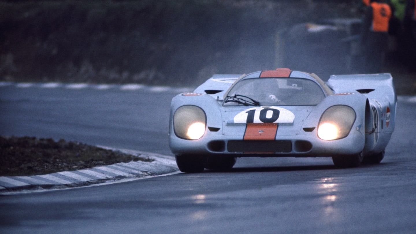 Pedro Rodriguez's victory at the wheel of a Porsche 917 at Brands Hatch in 1970 is considered one of the best wet-weather drivers of all time. © LAT Photographic