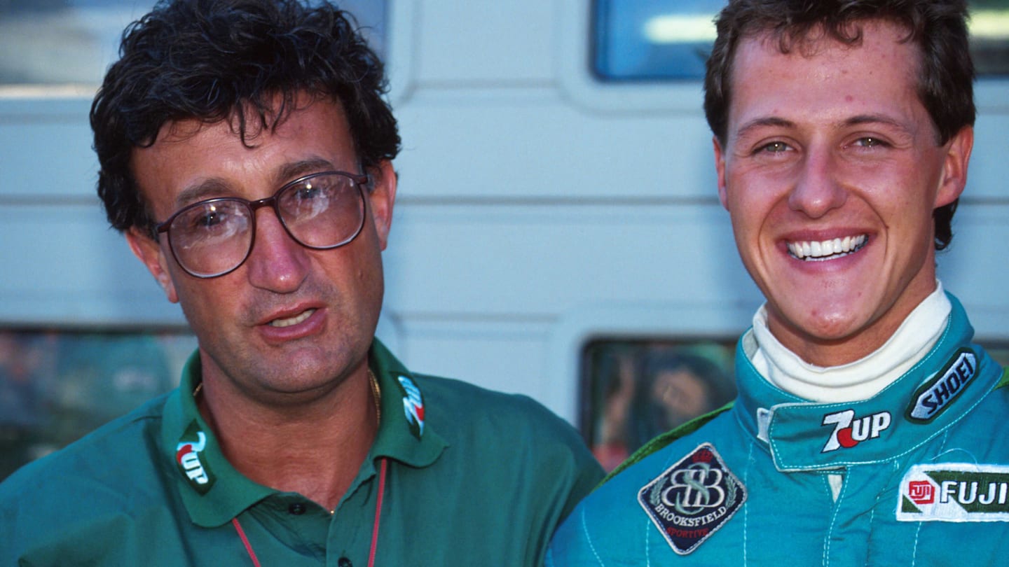 Jordan team boss, Eddie Jordan with his new driver Michael Schumacher, who qualified a fantastic 7th in his first race.
Belgian Grand Prix, Spa, 25 August 1991 © Sutton Motorsport Images