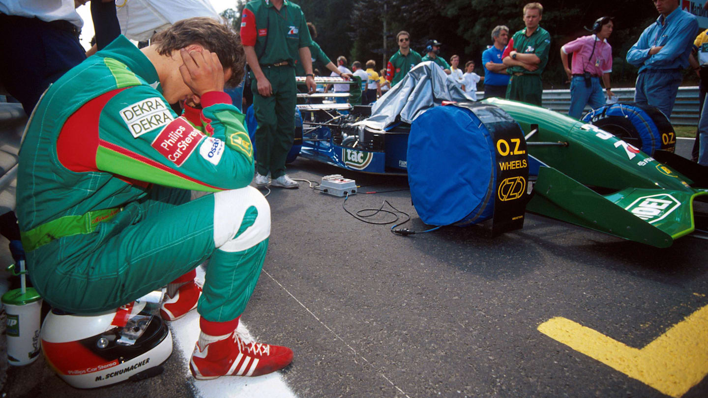 Michael Schumacher (GER) attempts to block himself from the frantic grid activity to concentrate on making his Grand Prix debut from seventh on the grid in the Jordan 191. 
Belgian Grand Prix, Spa-Francorchamps, 25 August 1991.
 © ©Sutton Motorsport Images